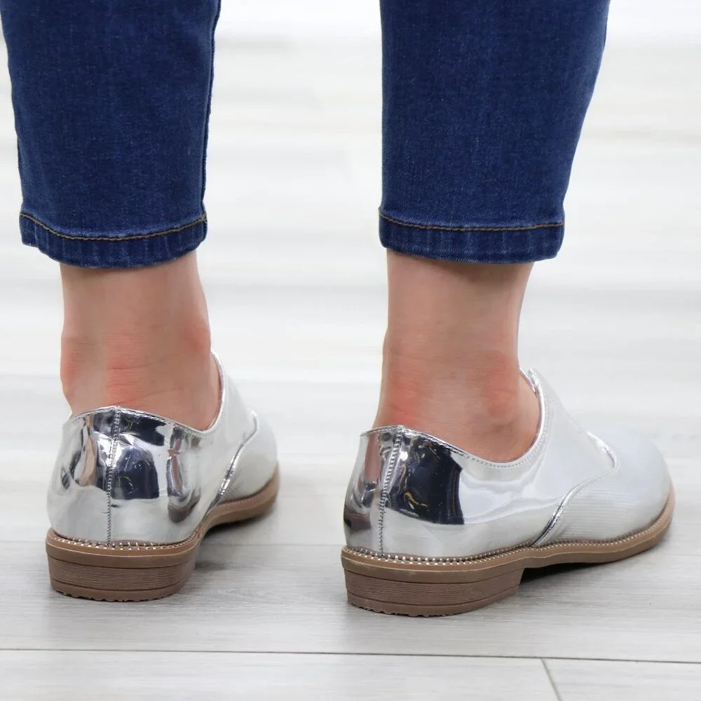 Silver Patent Flat Slip On Oxford Loafers - Picture 8 of 15